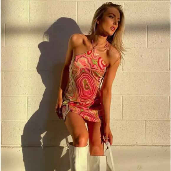 NWT Cider Psychedelic Marble Print Halter Mini Dress – Orange Pink Green XL - Picture 2 of 12